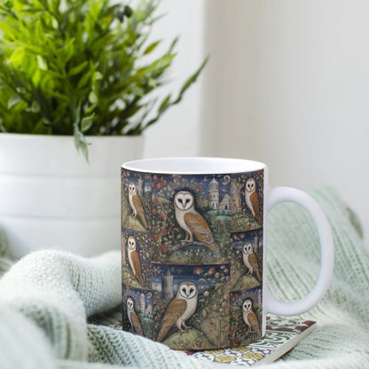 Elegant ceramic mug with a full wraparound design of barn owls in a serene garden scene featuring flowers and gothic-style towers.