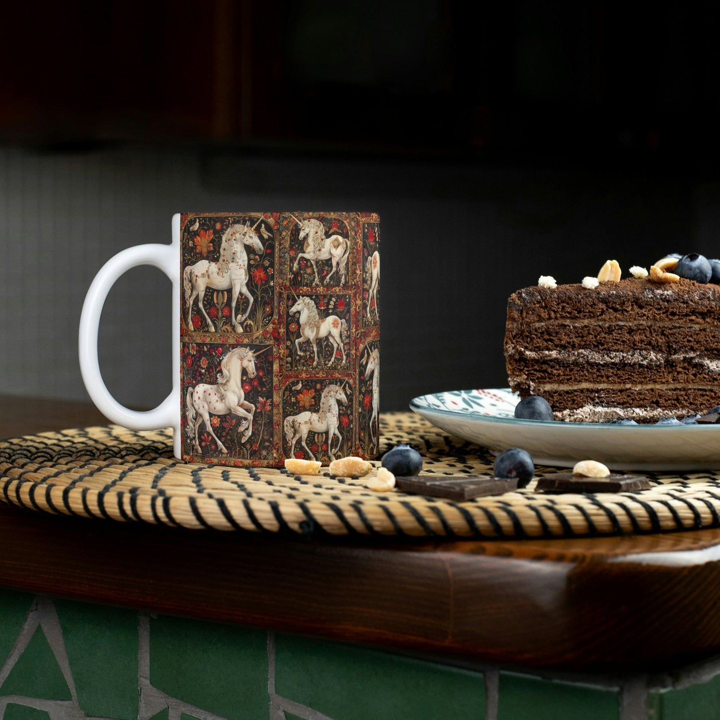 Medieval tapestry unicorns with intricate red and gold flowers on a high-quality ceramic mug.