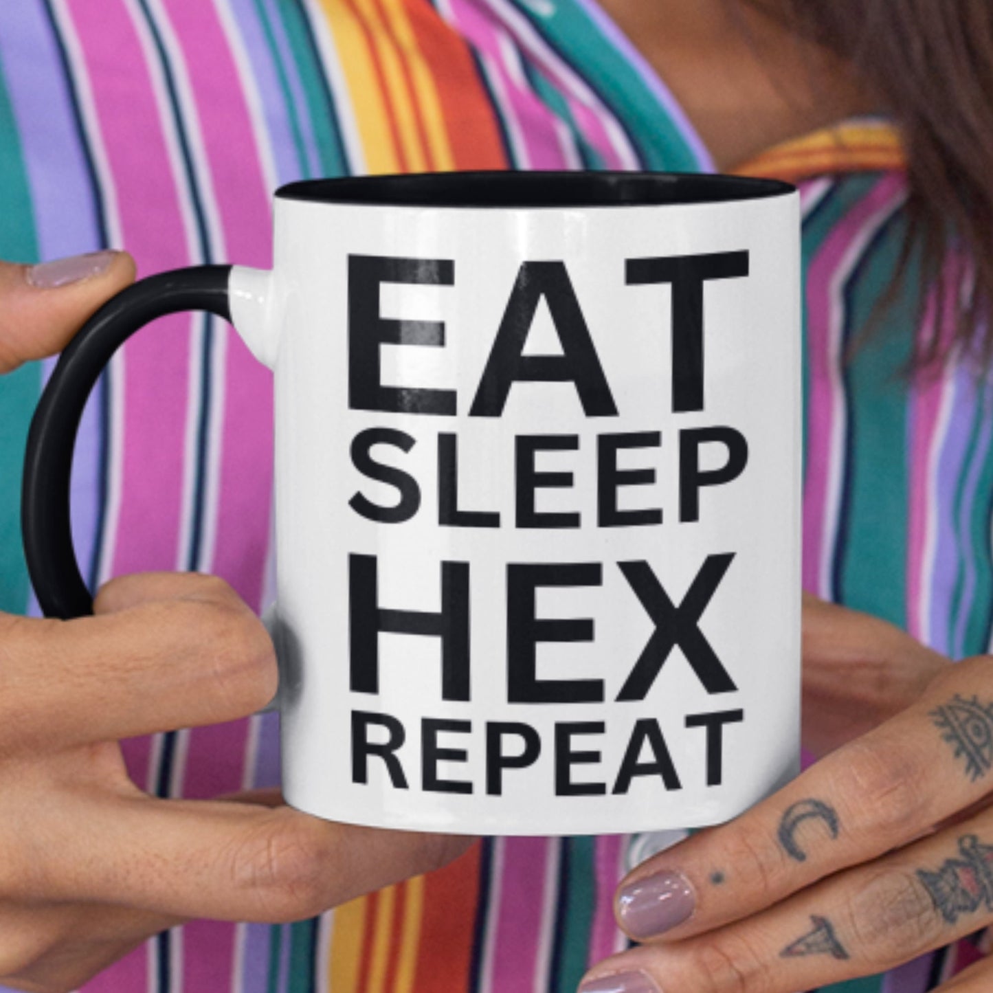 Two-tone black and white mug with &#39;EAT SLEEP HEX REPEAT&#39; text, perfect for witches and Wiccans
