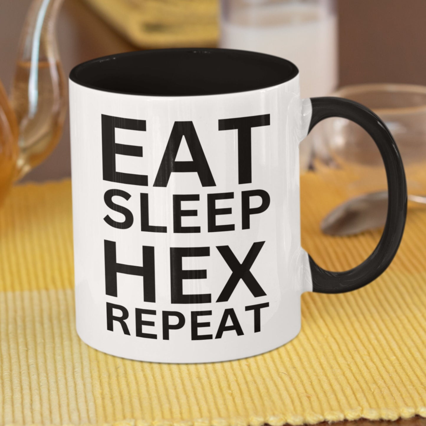 Witchy coffee mug displaying &#39;EAT SLEEP HEX REPEAT,&#39; great for occult enthusiasts and pagans. Great witchy gift.