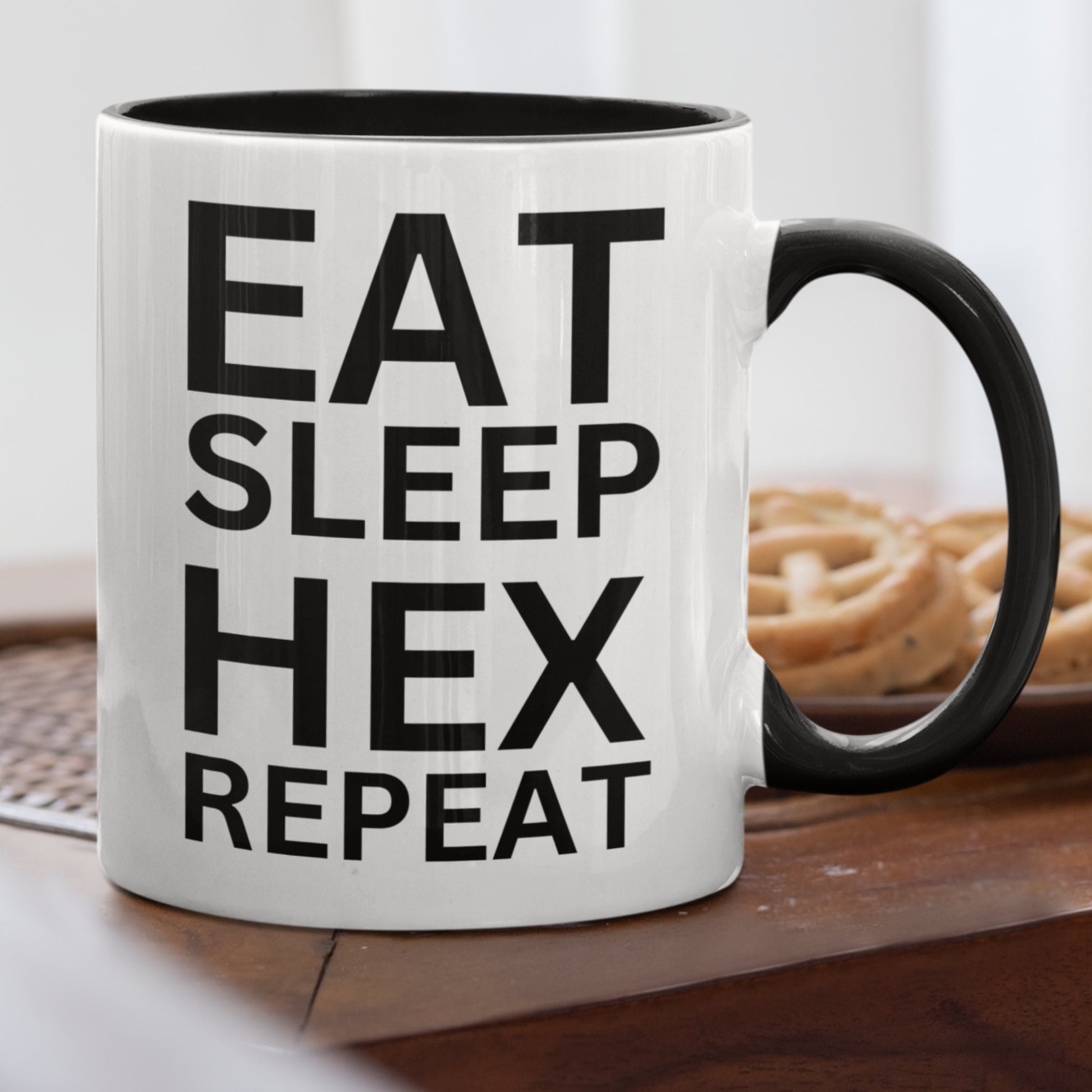 Ceramic mug for spellcasters featuring a witchcraft theme with &#39;EAT SLEEP HEX REPEAT&#39; printed on both sides