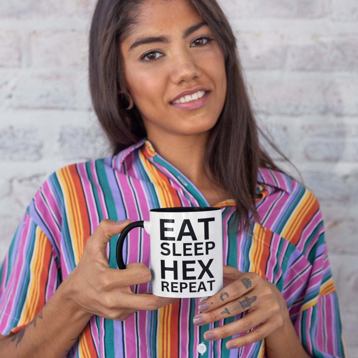 Witchcraft lover&#39;s mug with a modern design, featuring &#39;EAT SLEEP HEX REPEAT&#39; on both sides.