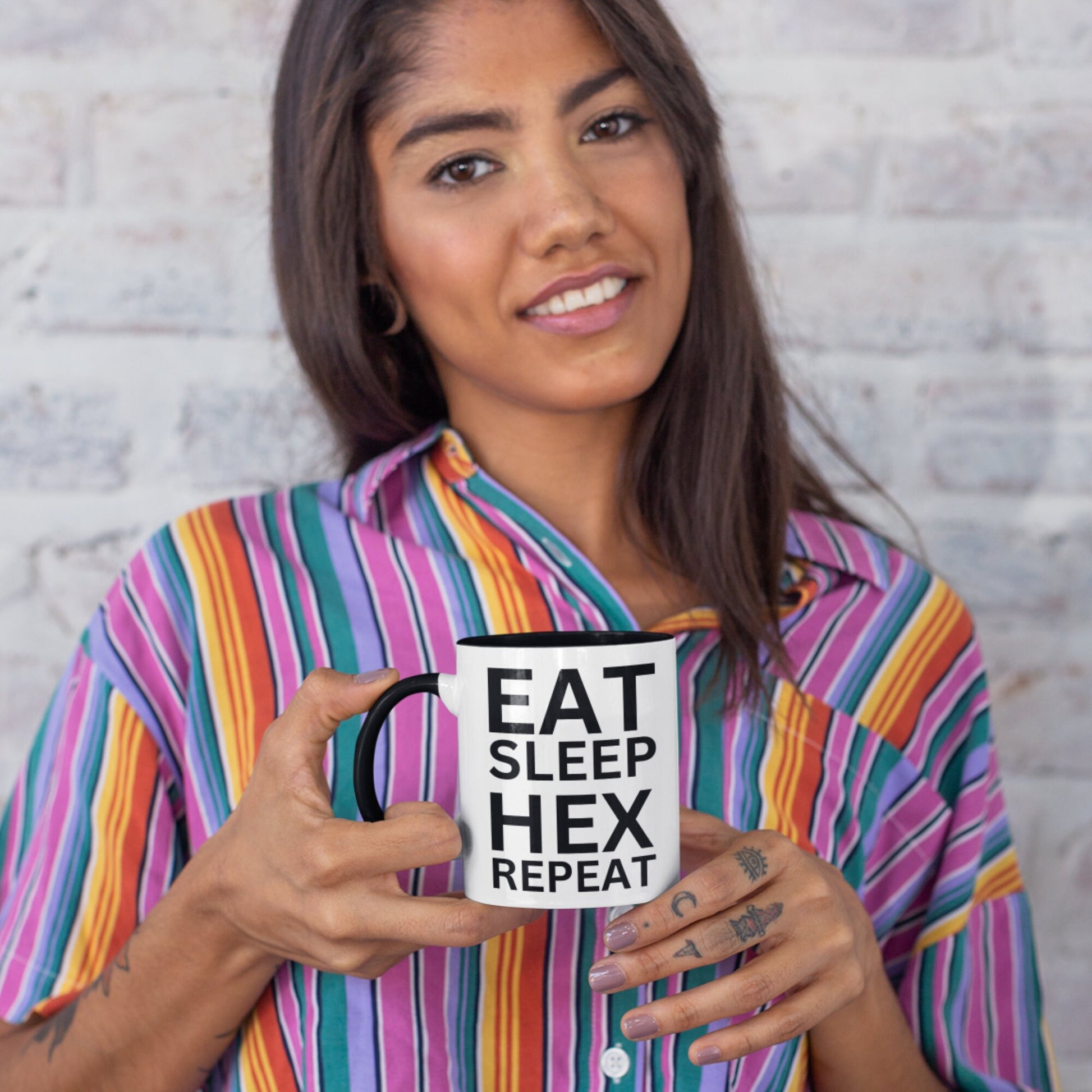 Witchcraft lover&#39;s mug with a modern design, featuring &#39;EAT SLEEP HEX REPEAT&#39; on both sides.