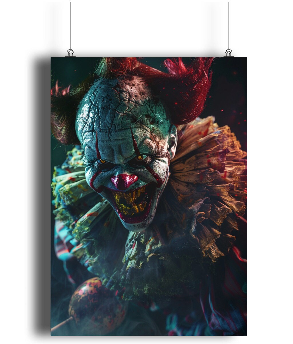 Terrifying killer clown artwork with a sinister grin and eerie glowing eyes, perfect for horror enthusiasts