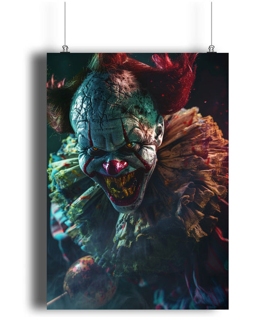 Terrifying killer clown artwork with a sinister grin and eerie glowing eyes, perfect for horror enthusiasts