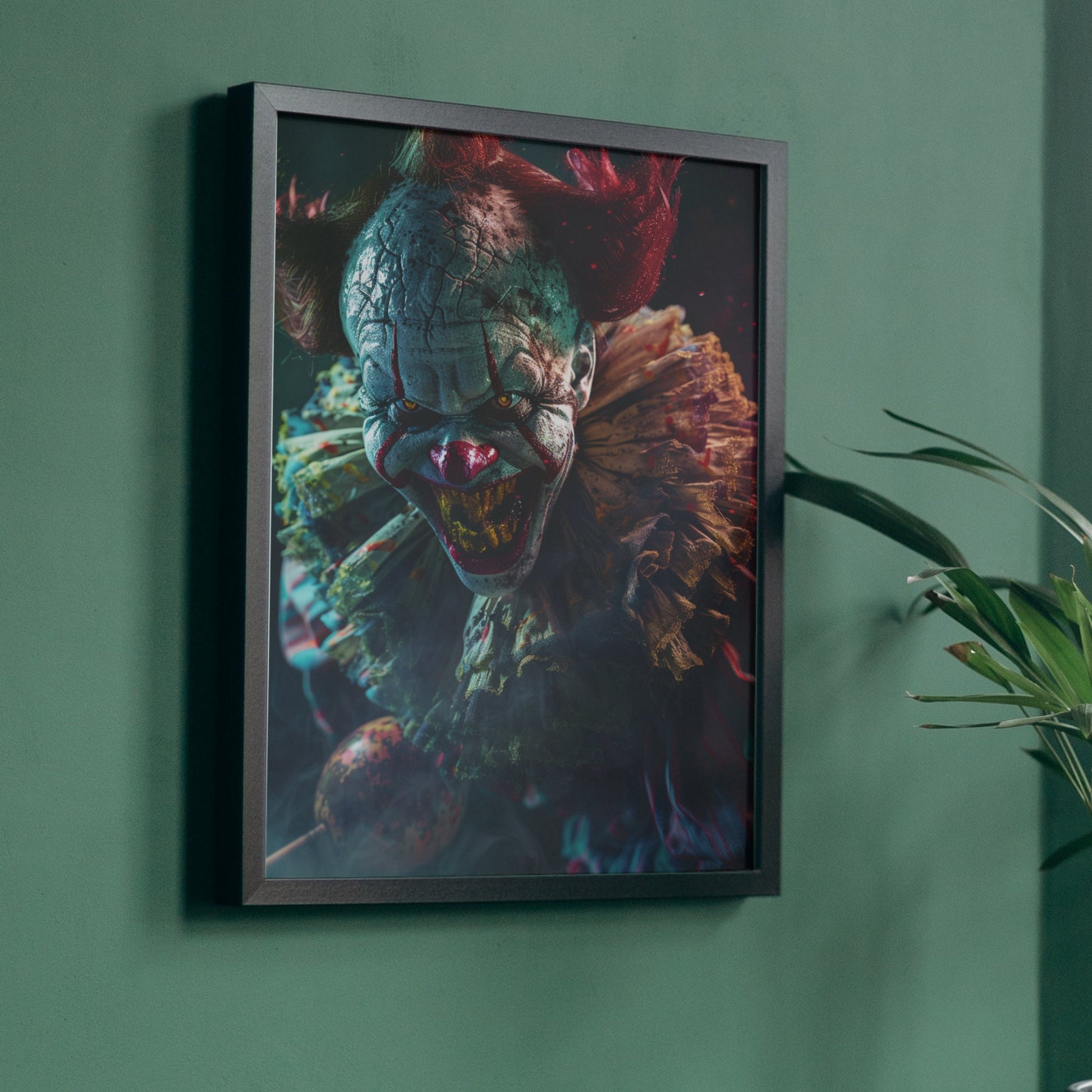 Gothic-inspired evil clown with a twisted smile and dark, haunting atmosphere, suitable for horror-themed collections