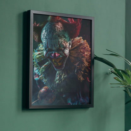 Gothic-inspired evil clown with a twisted smile and dark, haunting atmosphere, suitable for horror-themed collections