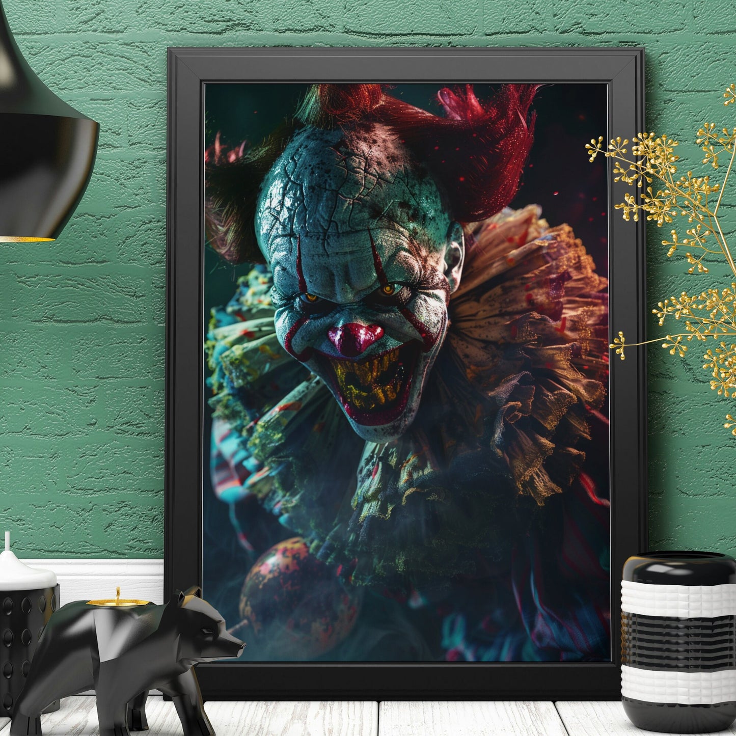 High-detail horror clown artwork with sharp teeth and a blood-red ruffled collar, perfect for a haunted house aesthetic
