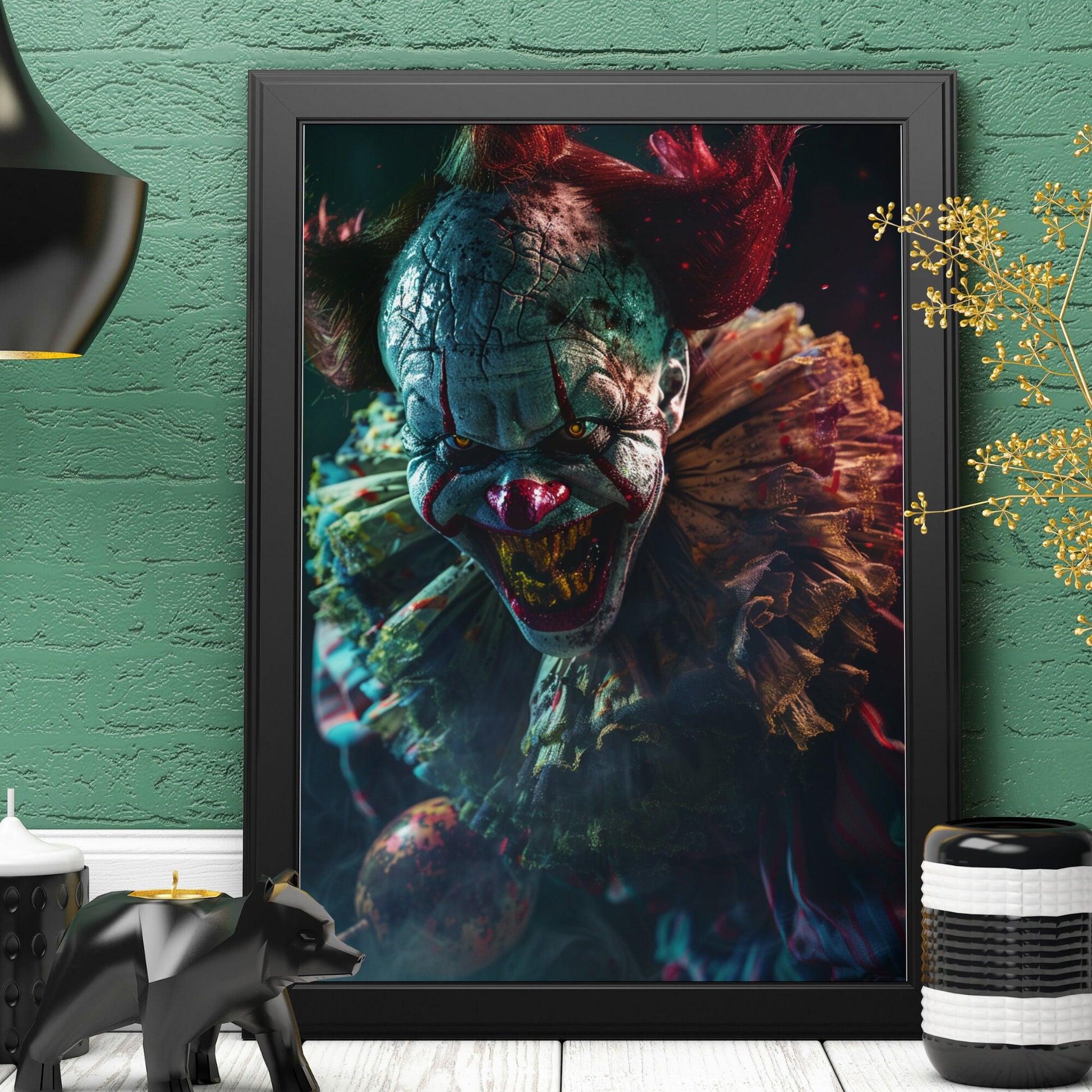 High-detail horror clown artwork with sharp teeth and a blood-red ruffled collar, perfect for a haunted house aesthetic