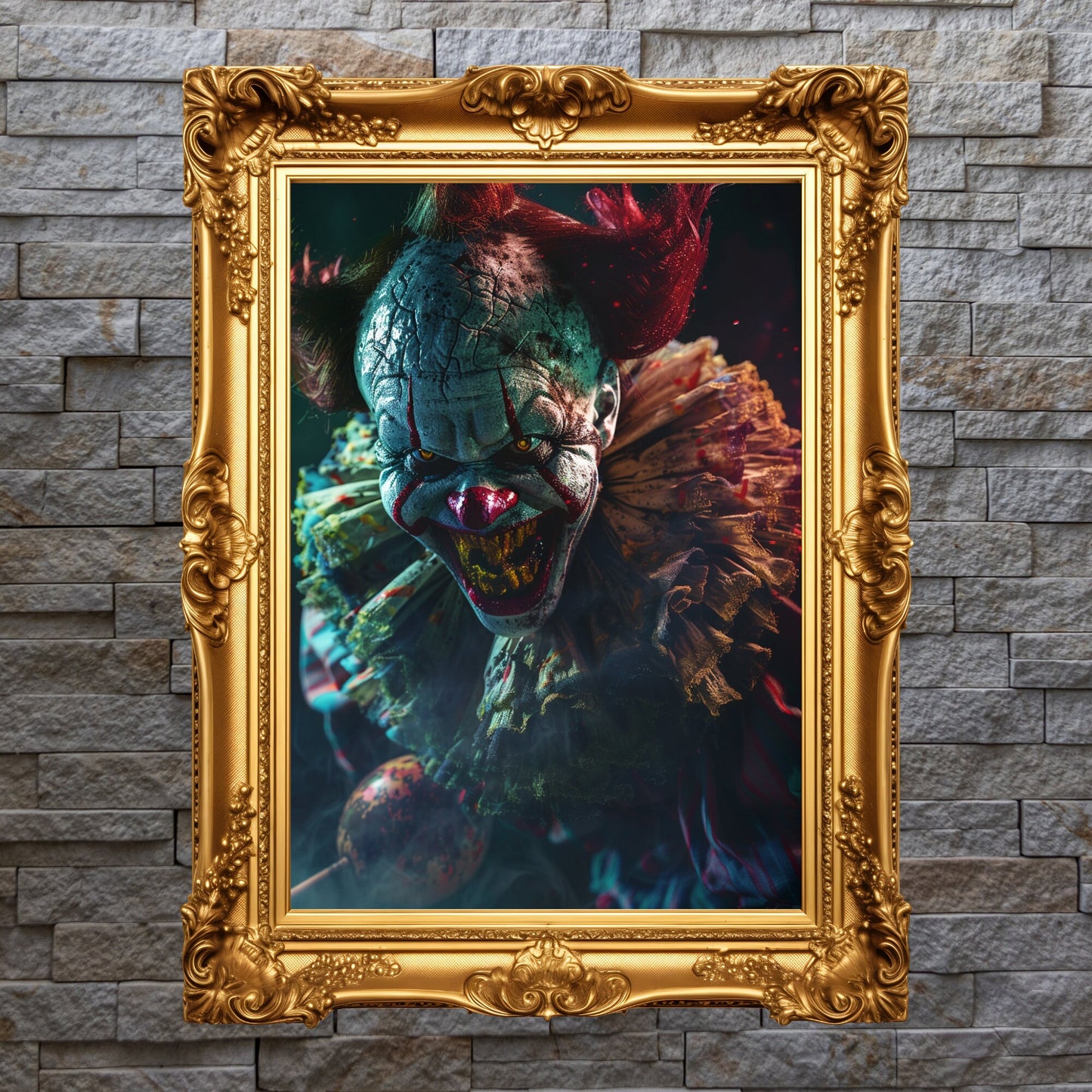 Vintage horror-inspired clown with a terrifying appearance, capturing the essence of fear and perfect for gothic art lovers.