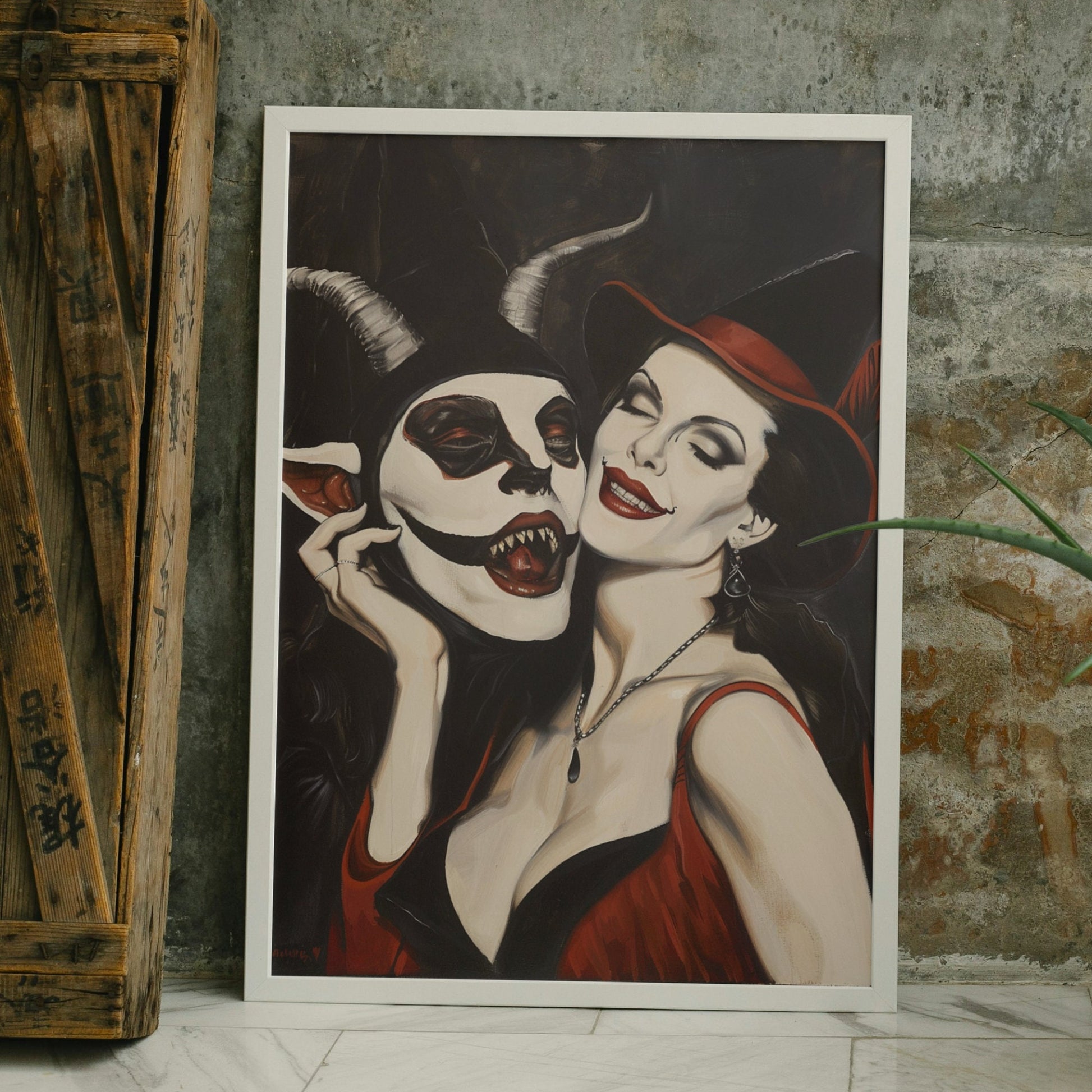 Gothic fantasy print featuring a witch in a red hat and dress, with the Devil beside her, ideal for horror art enthusiasts