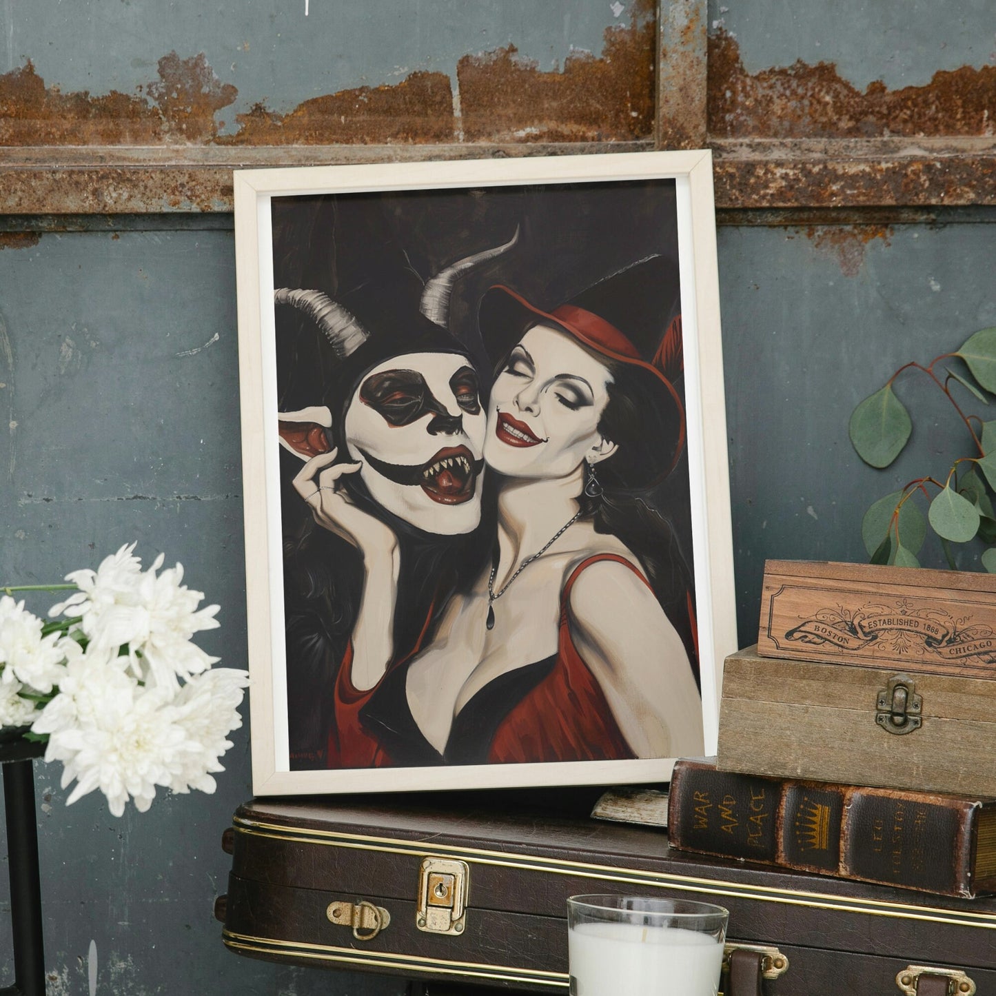 Fantasy artwork of a beautiful witch and grinning Devil, perfect for dark art collectors or horror-themed home decor