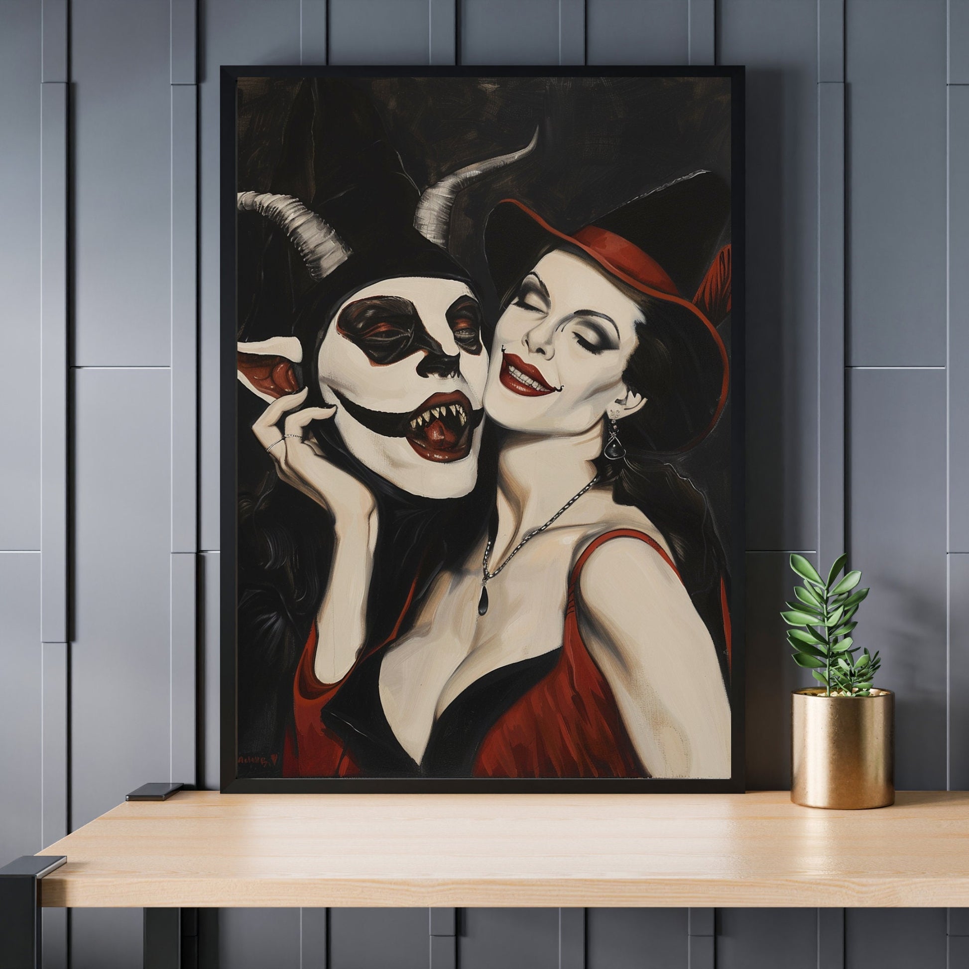 Gothic horror-themed art print depicting a seductive witch and a menacing Devil, ideal for lovers of dark fantasy.