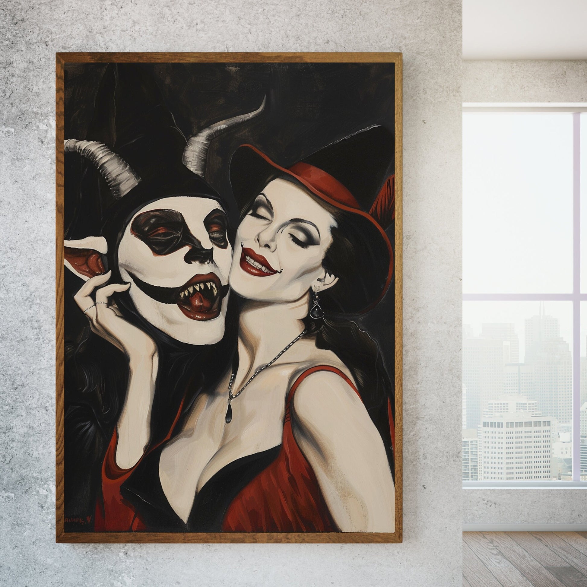 Illustration of a witch and a horned Devil in a macabre, gothic style, with vivid details in red and black tones