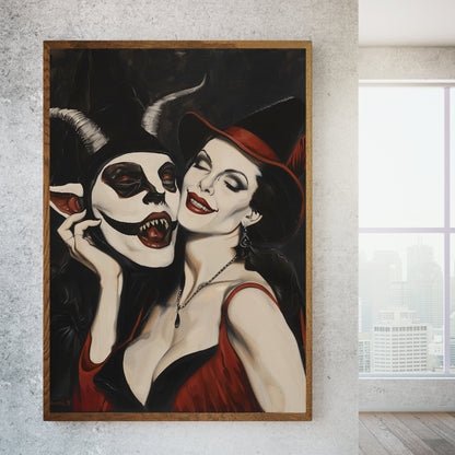 Illustration of a witch and a horned Devil in a macabre, gothic style, with vivid details in red and black tones
