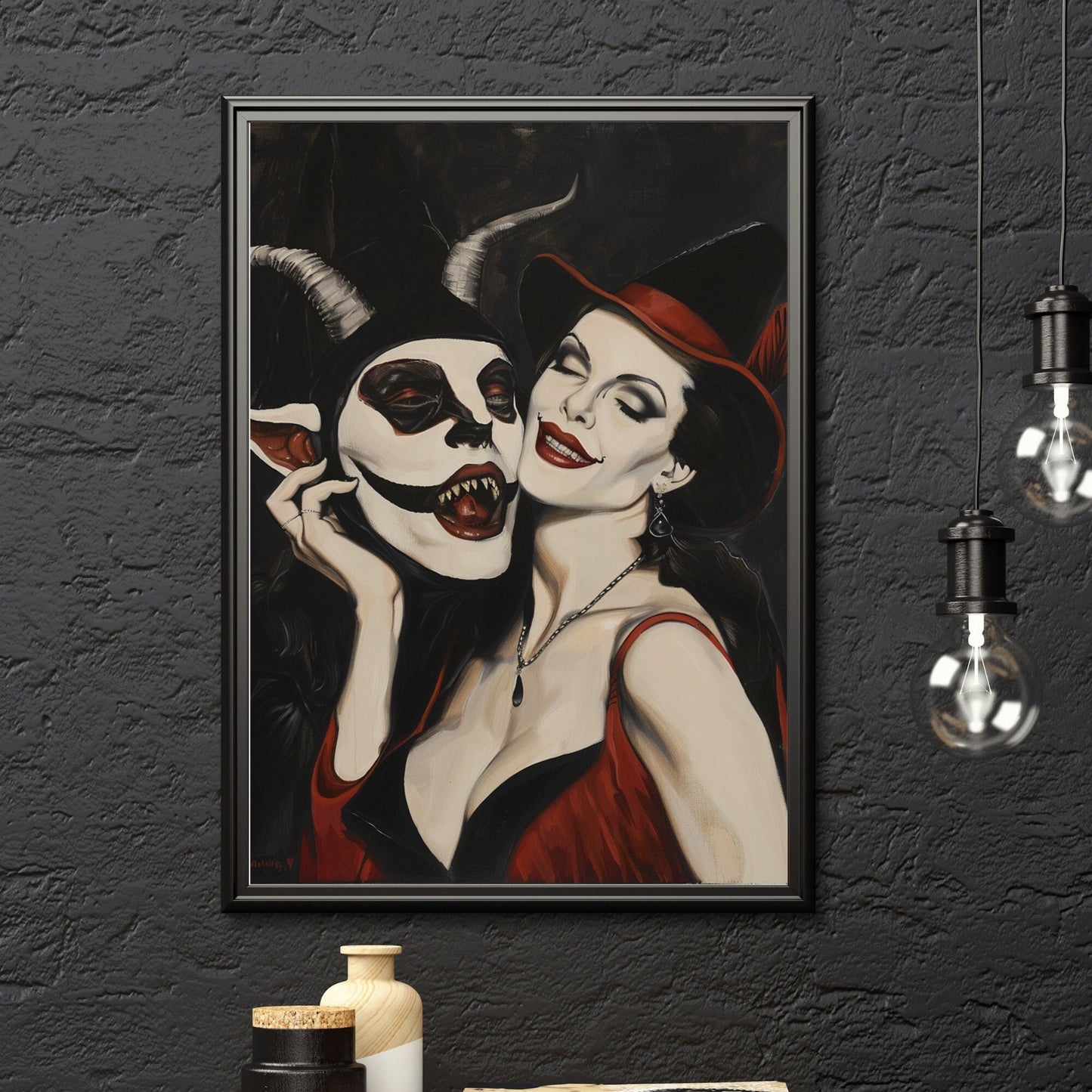 Dark gothic art print of a seductive witch and the Devil, featuring vivid red and black tones, ideal for Halloween or fantasy art lovers