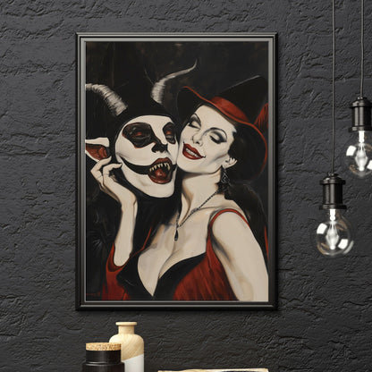 Dark gothic art print of a seductive witch and the Devil, featuring vivid red and black tones, ideal for Halloween or fantasy art lovers
