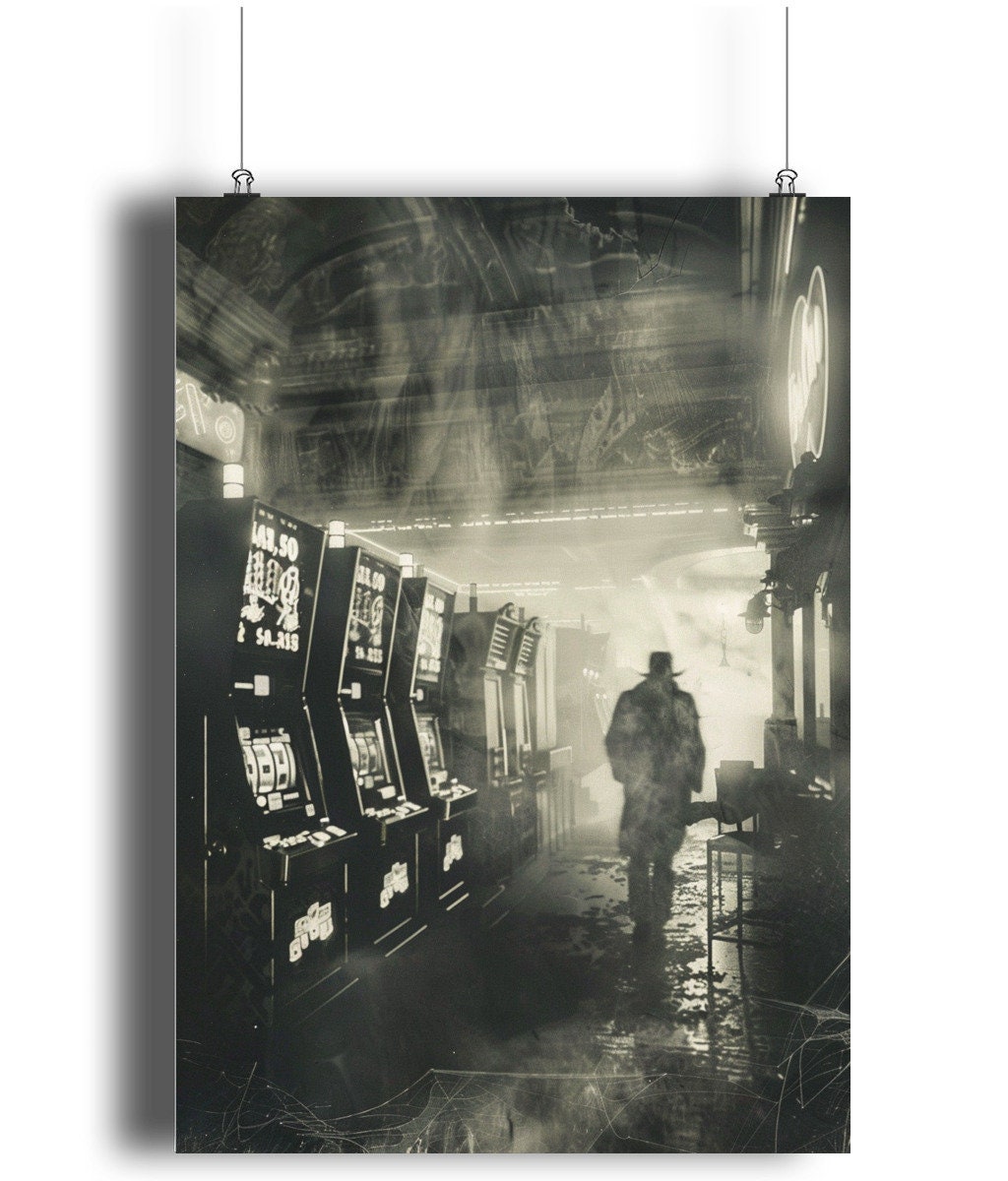 Vintage-style artwork depicting a spectral presence in a dimly lit, retro slot machine arcade