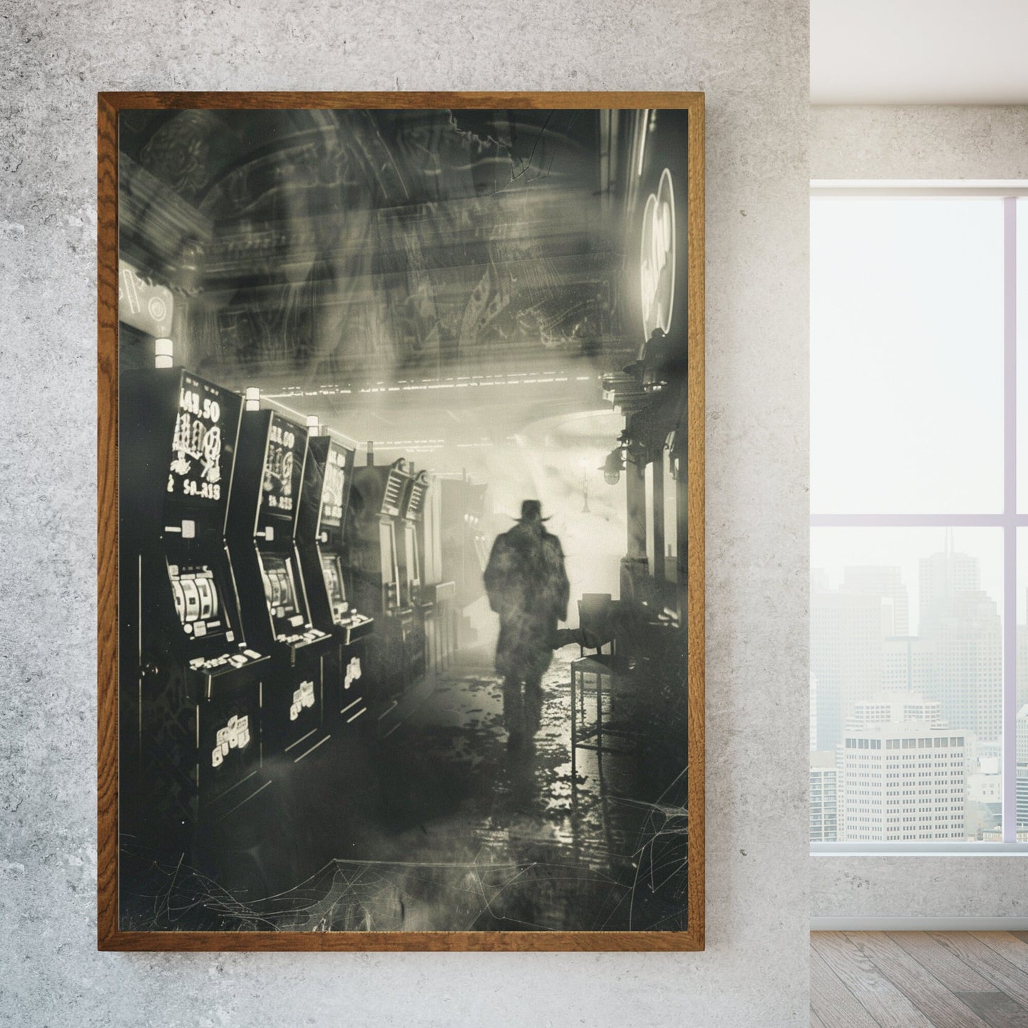 Paranormal scene of a spectral figure in an old slot machine arcade, captured in a vintage photograph