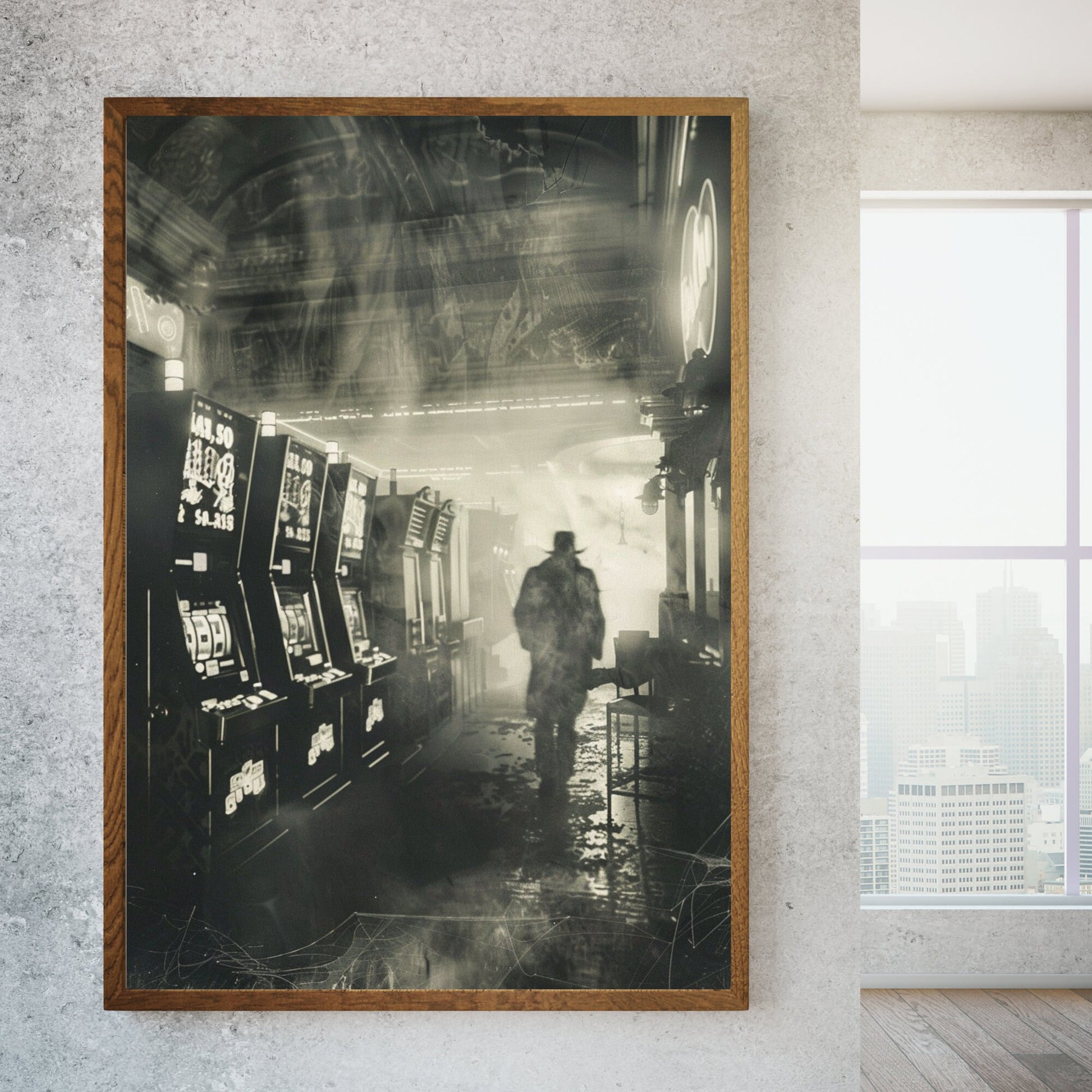 Paranormal scene of a spectral figure in an old slot machine arcade, captured in a vintage photograph