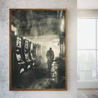 Paranormal scene of a spectral figure in an old slot machine arcade, captured in a vintage photograph