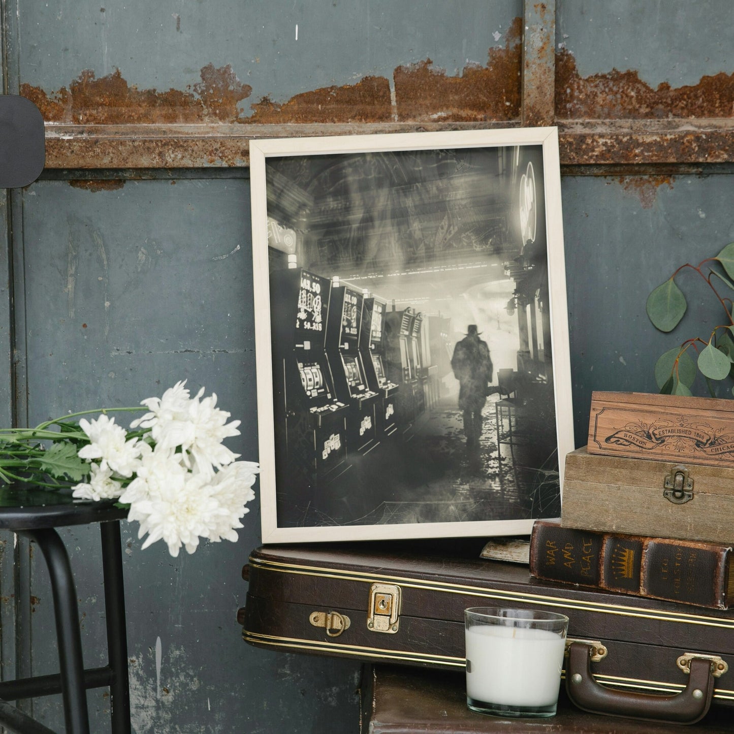 Retro arcade with slot machines and a ghostly figure, photographed in a spooky black-and-white style