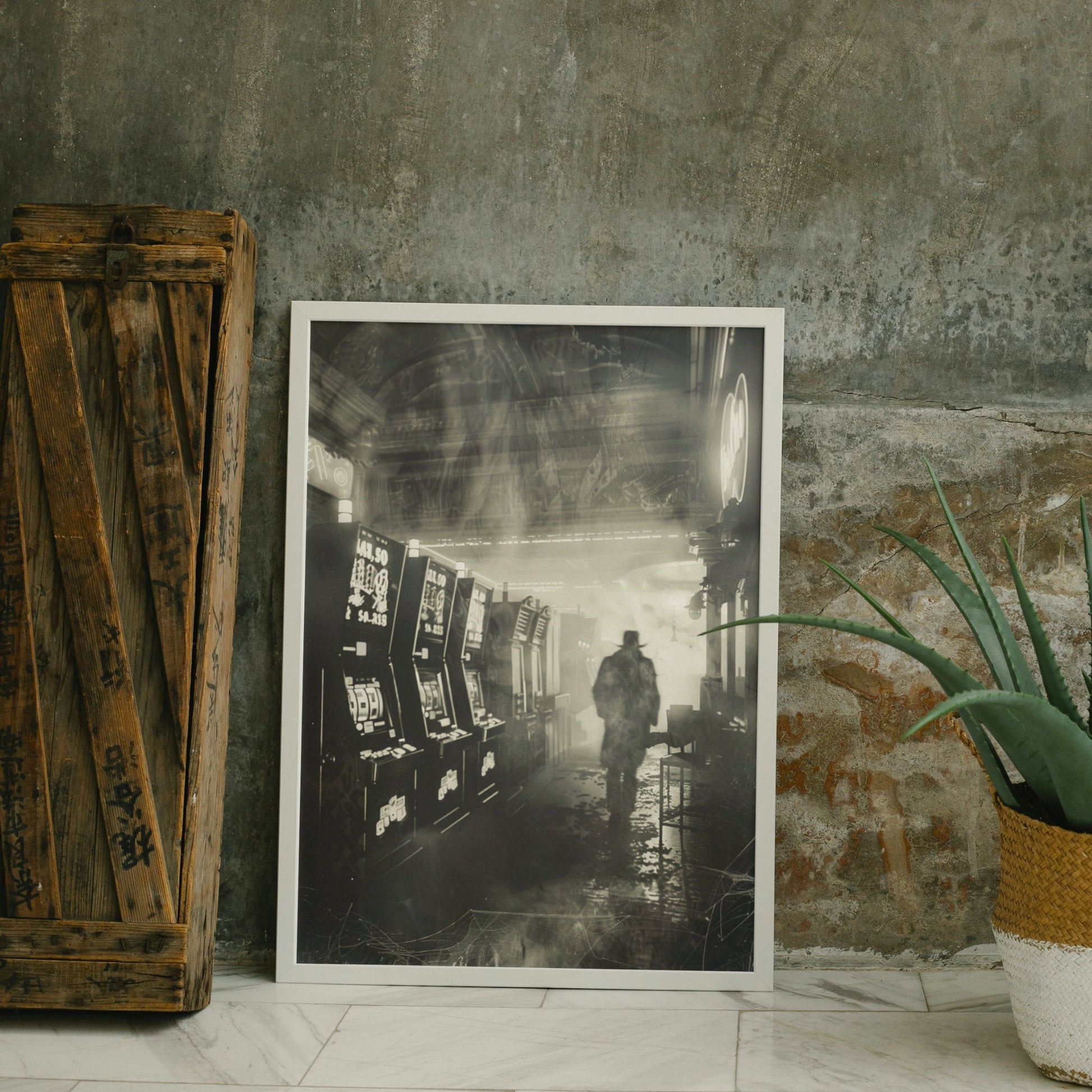 Gothic-themed artwork showing a ghostly presence in a deserted, eerie slot machine arcade