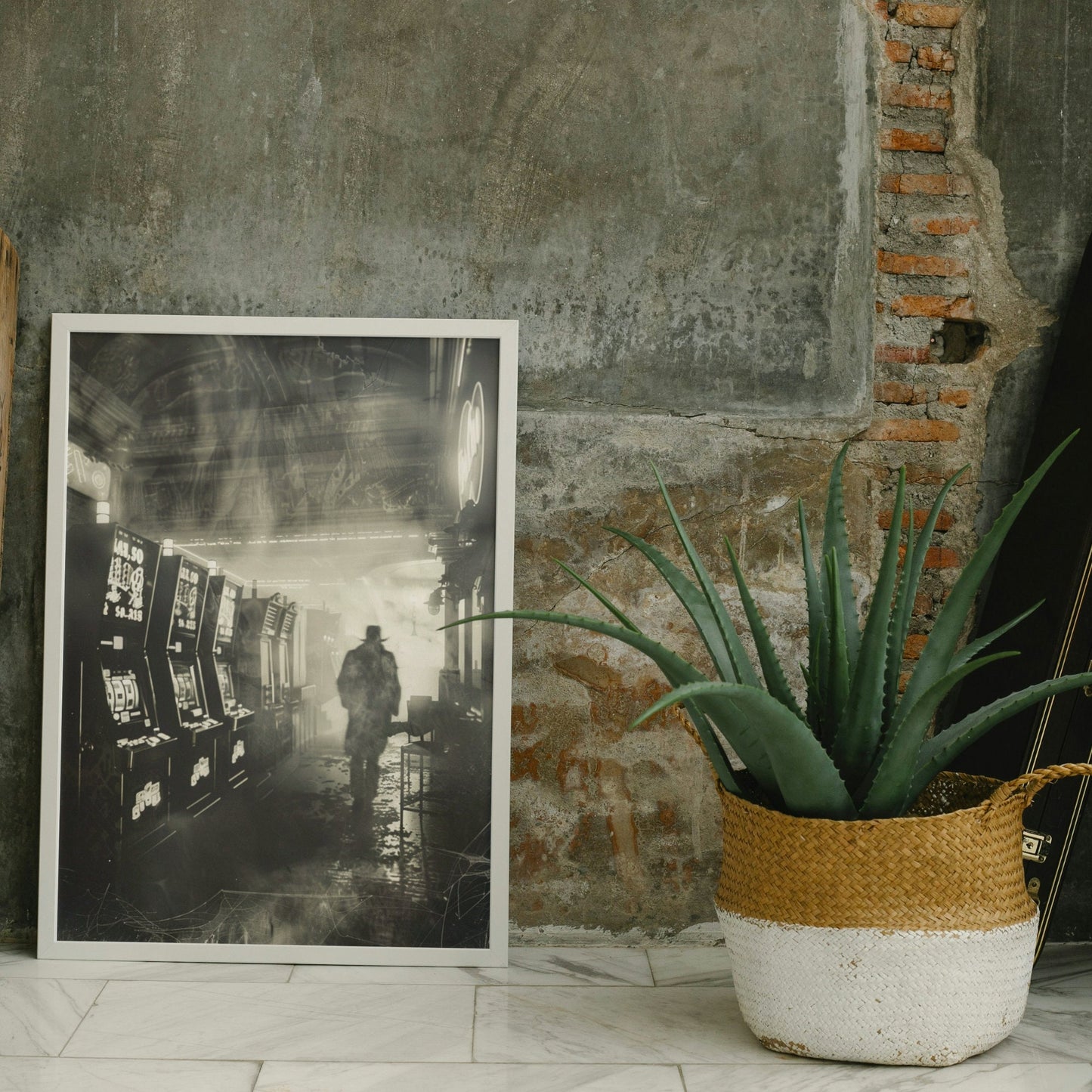 Mysterious ghostly figure captured in a spooky, old-fashioned arcade with slot machines