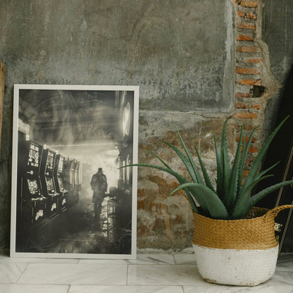 Mysterious ghostly figure captured in a spooky, old-fashioned arcade with slot machines