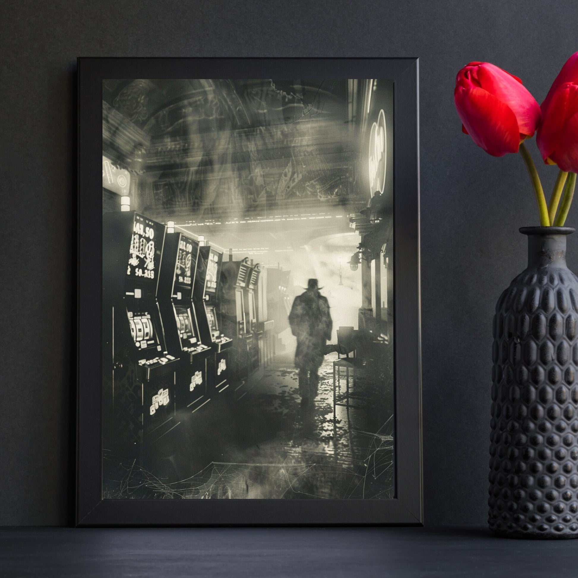 Haunted arcade scene featuring a mysterious shadowy figure among old slot machines.
