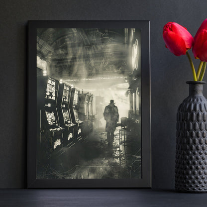 Haunted arcade scene featuring a mysterious shadowy figure among old slot machines.