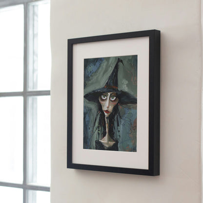 Gothic art print of a mysterious witch with haunting green eyes, set against a dark, textured background