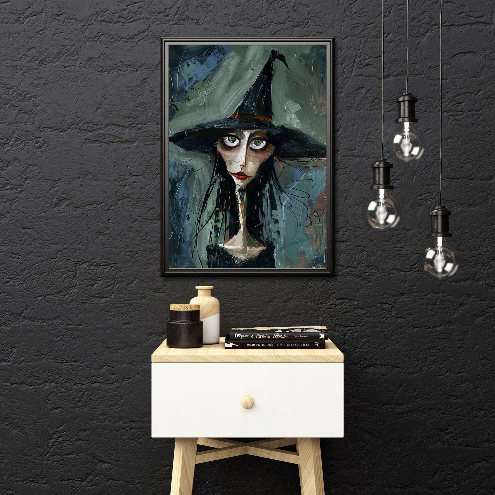 Dark fantasy painting of a witch with green eyes and a somber expression, rendered in a dramatic, abstract style.
