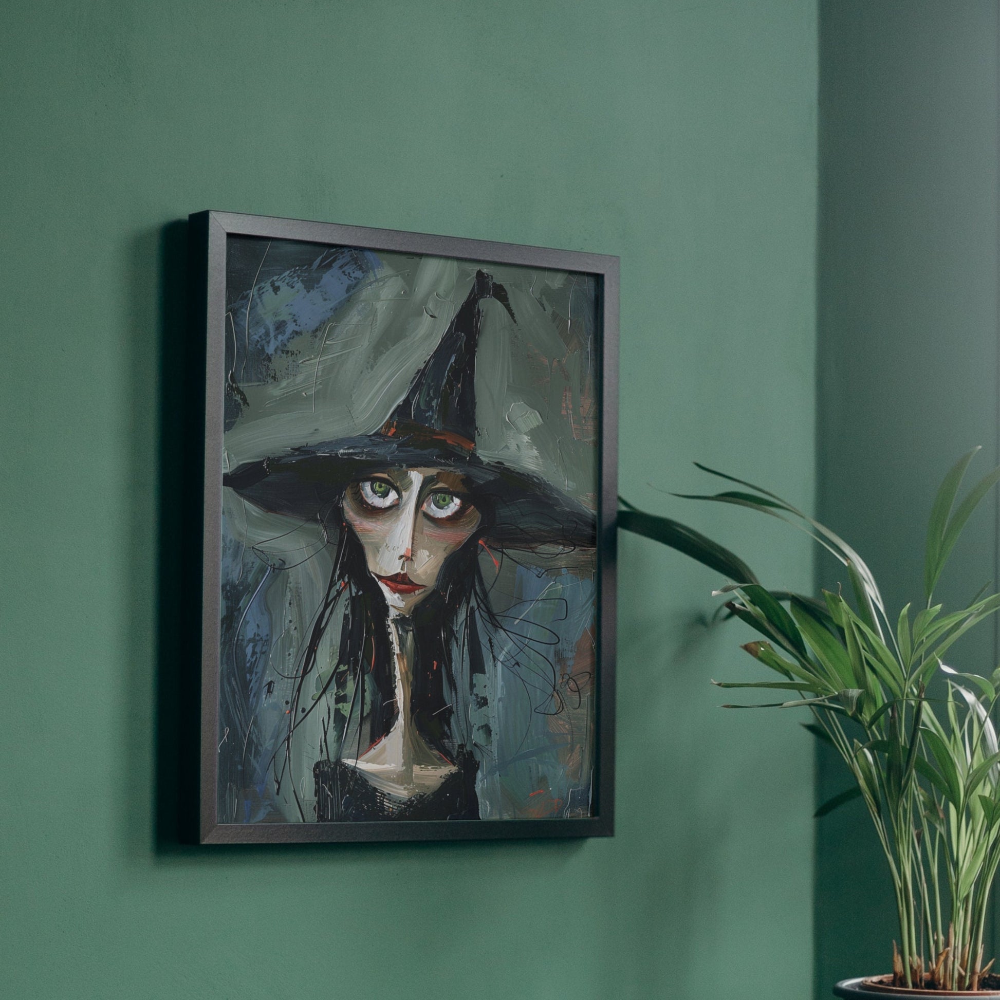 Expressive abstract portrait of a witch with a large hat and green eyes, captured in a gothic and eerie atmosphere.