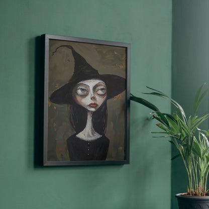 A stylized witch portrait with an eerie charm, perfect as a witchy gift or as part of a mystical and magical art collection
