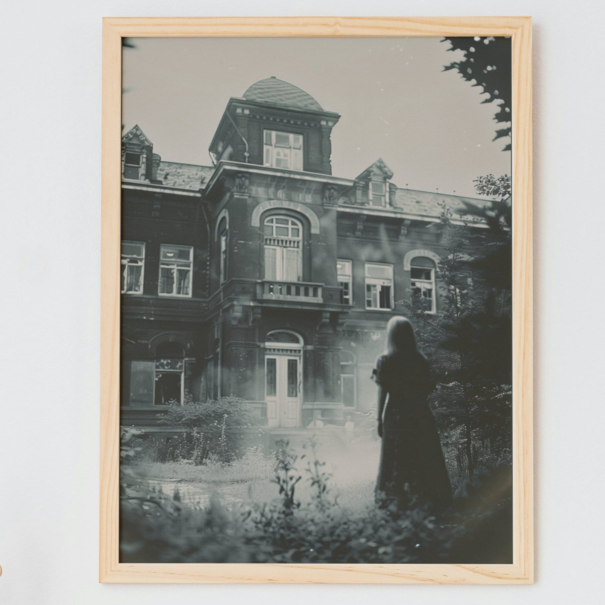 Vintage photograph of a shadowy figure standing before a hauntingly abandoned asylum, evoking eerie and ghostly vibes.