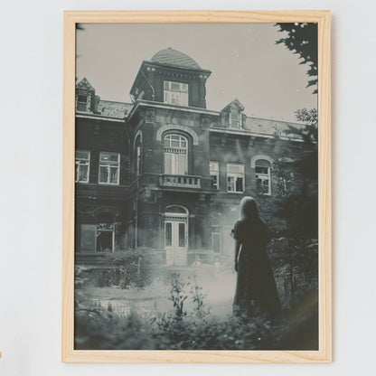 Vintage photograph of a shadowy figure standing before a hauntingly abandoned asylum, evoking eerie and ghostly vibes.