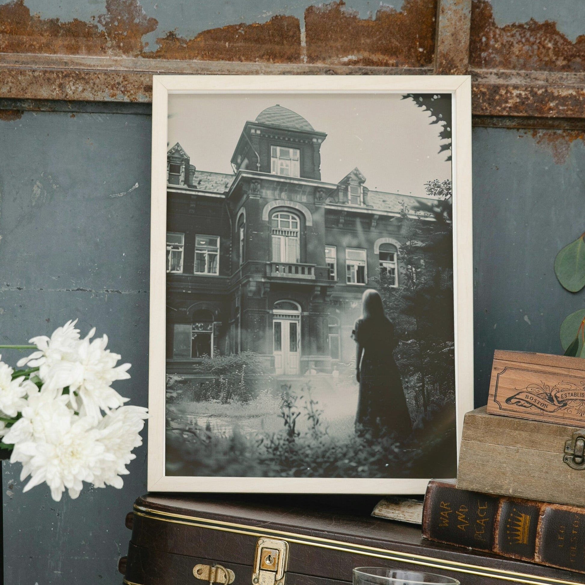 Black-and-white photo featuring a shadowy figure in front of an abandoned building, exuding a ghostly atmosphere.