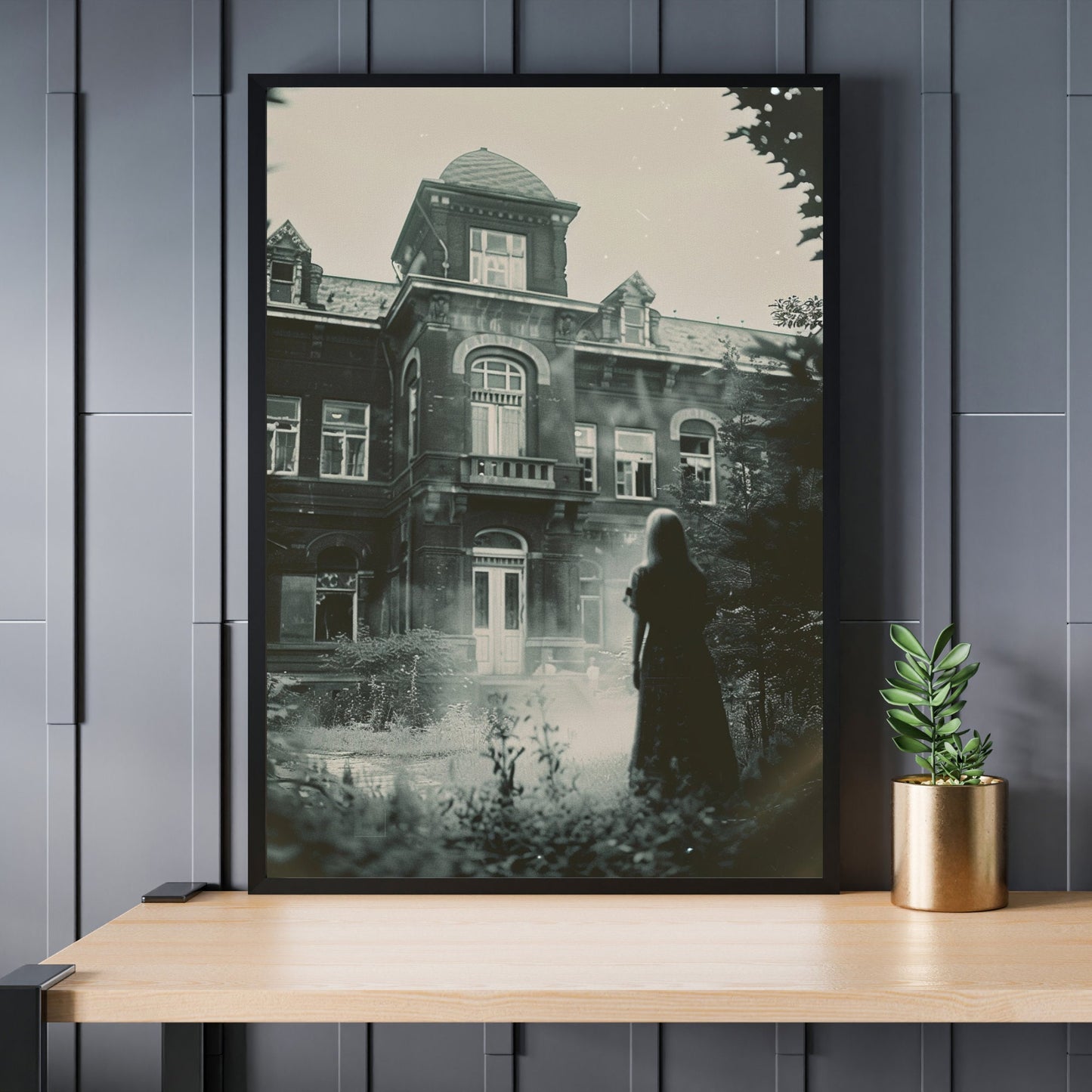 Ghostly woman in front of a decaying, possibly haunted, sanatorium in this evocative vintage photograph.