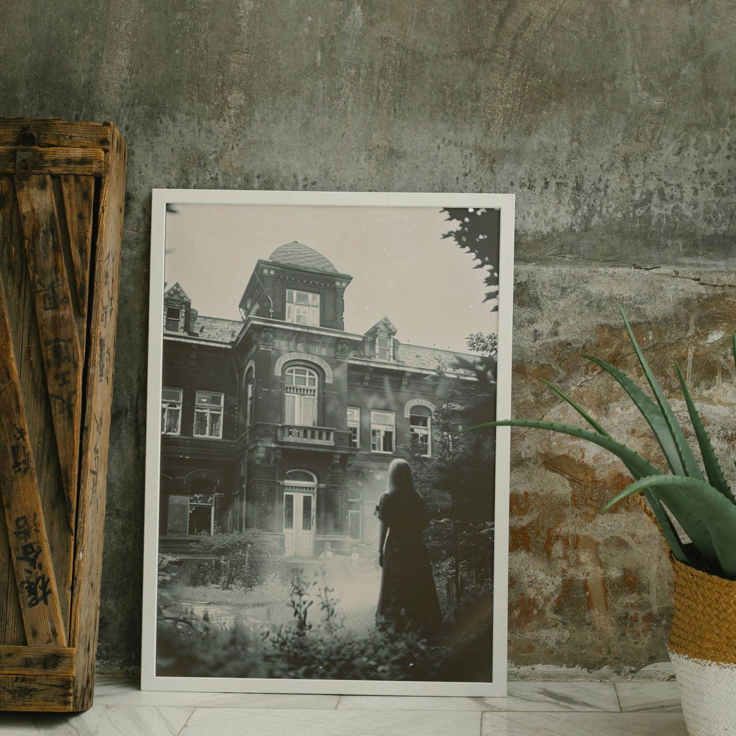 A hauntingly beautiful vintage photo showing a shadowy figure in front of an abandoned, overgrown asylum