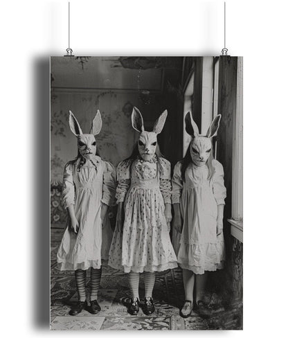 Mysterious black and white print of three girls in Victorian-era clothing and rabbit masks, evoking a dark and surreal atmosphere.