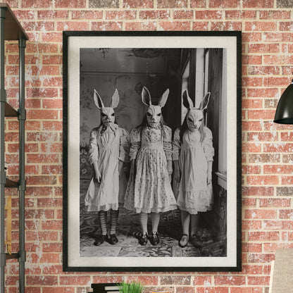 Chilling black and white image of three figures in traditional dresses with rabbit masks, standing in a shadowy, vintage interior.