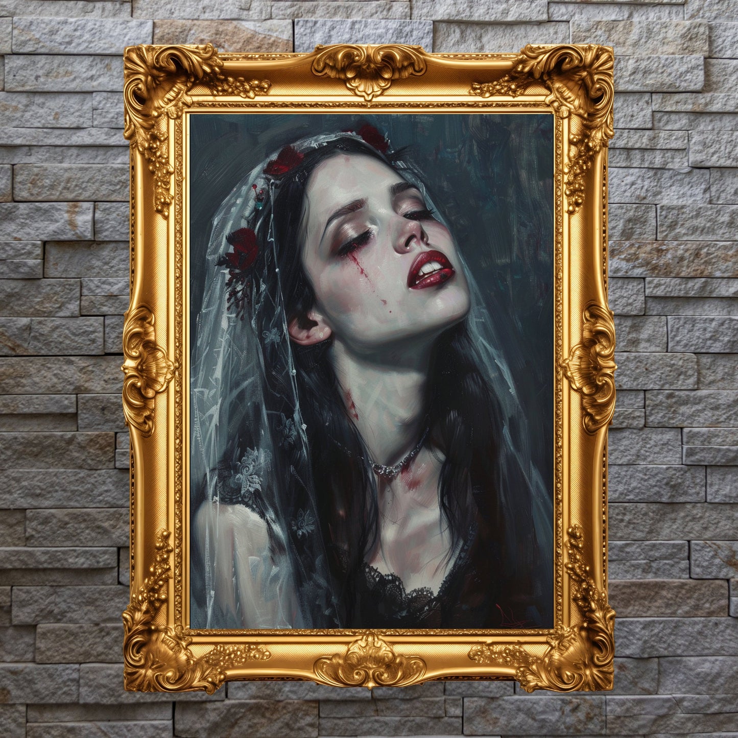 Eerie vampire bride art: Pale gothic bride with blood-streaked eyes, a striking piece for gothic interiors.