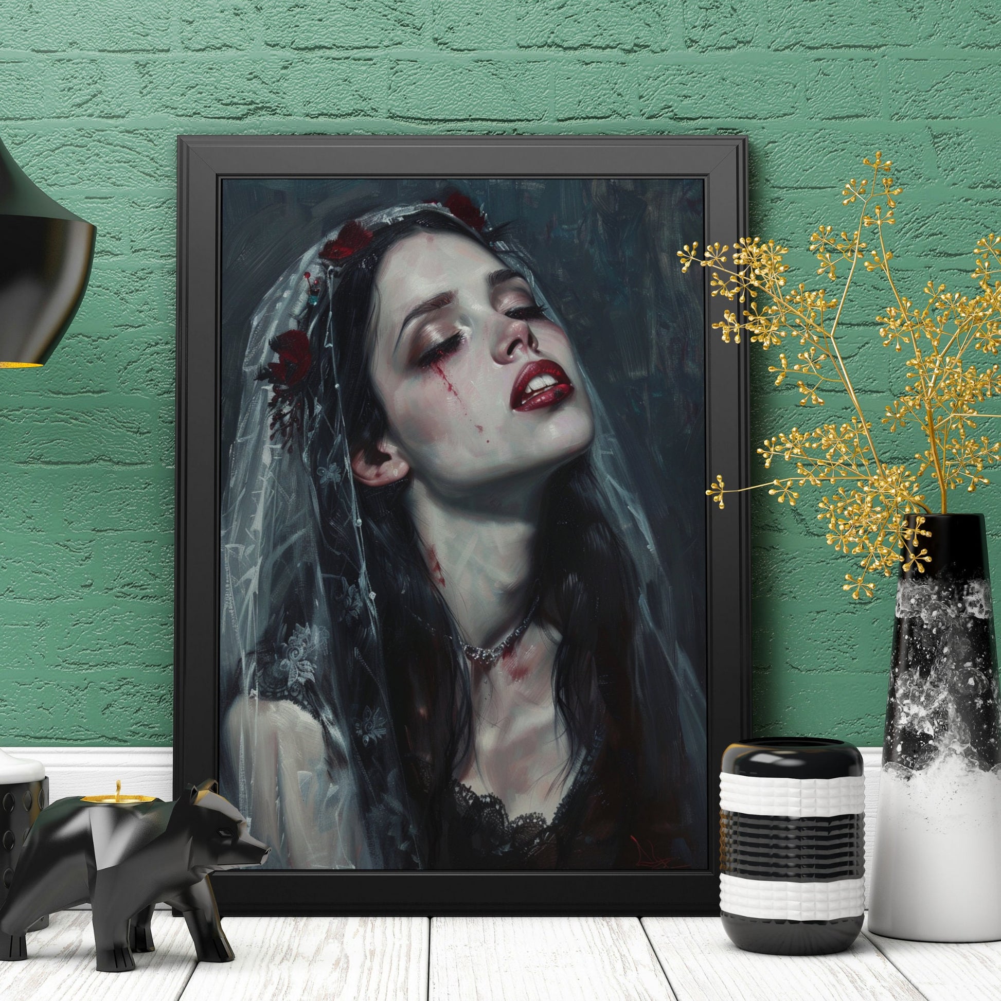 Gothic bride with veil and roses: Mysterious vampire bride with blood tears, perfect for dark fantasy lovers.