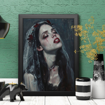Gothic bride with veil and roses: Mysterious vampire bride with blood tears, perfect for dark fantasy lovers.