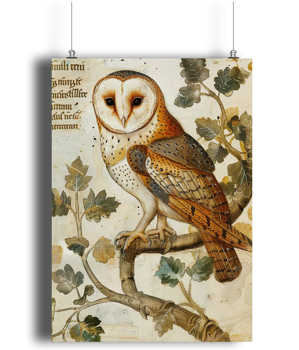 Medieval Barn Owl Manuscript Art Print: Dark Academia Decor