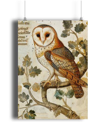 Medieval Barn Owl Manuscript Art Print: Dark Academia Decor