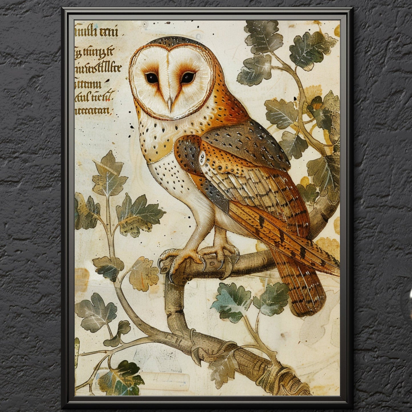 Medieval Barn Owl Manuscript Art Print: Dark Academia Decor