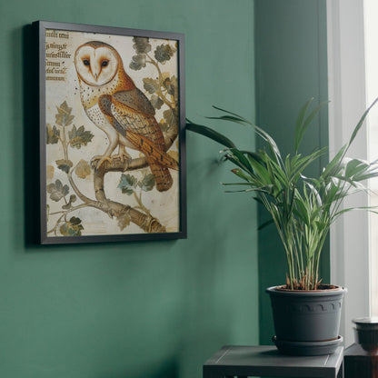 Medieval Barn Owl Manuscript Art Print: Dark Academia Decor