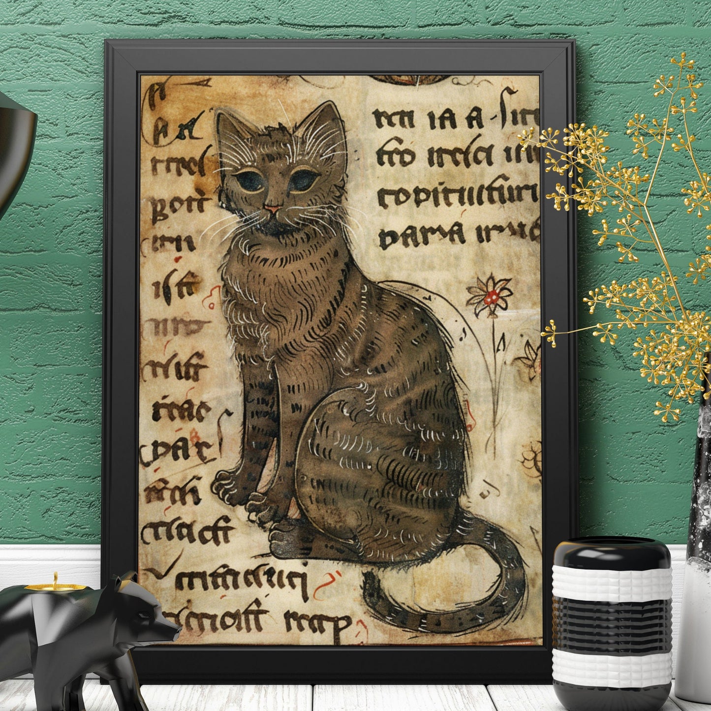 Medieval Cat Print: Illuminated Manuscript Style, Vintage Art